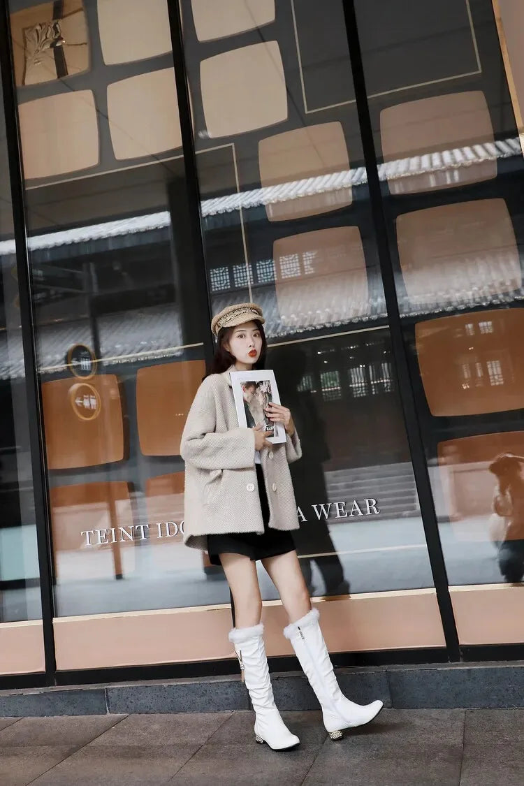 Winter Warm Knee High Boots Women Platform Wedges High Heels Snow Boots Slip on Winter Ladies Shoes White Black Pink 2025