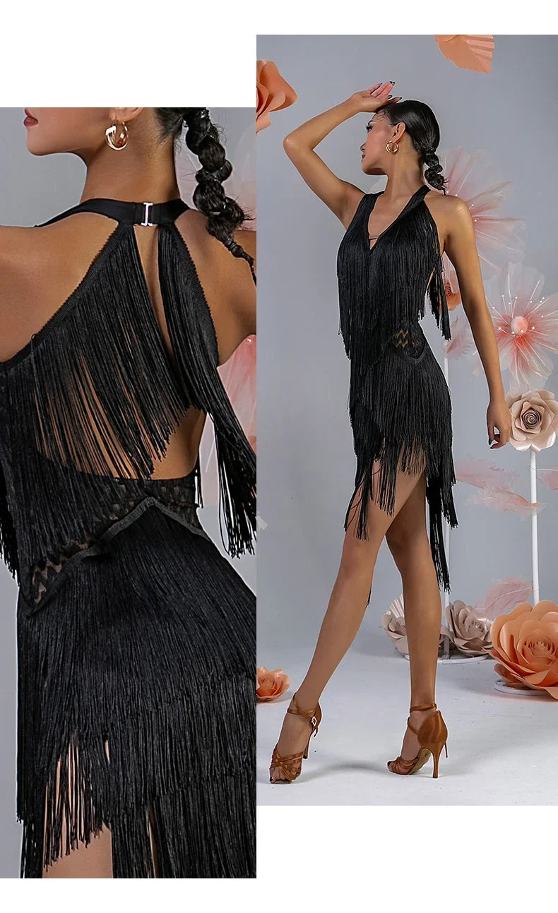 Women Backless Fringe Sexy Black Dress Cha Cha Rumba Samba Tango Dance Costume Prom Wear Latin Dance Copetition Dress