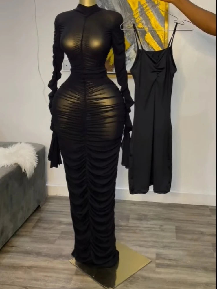 CM.YAYA Women Flare Long Sleeve Stacked Ruched Mesh See Though with Tank Dress Maxi Long Dress 2025 Birthday Sexy Party Dresses