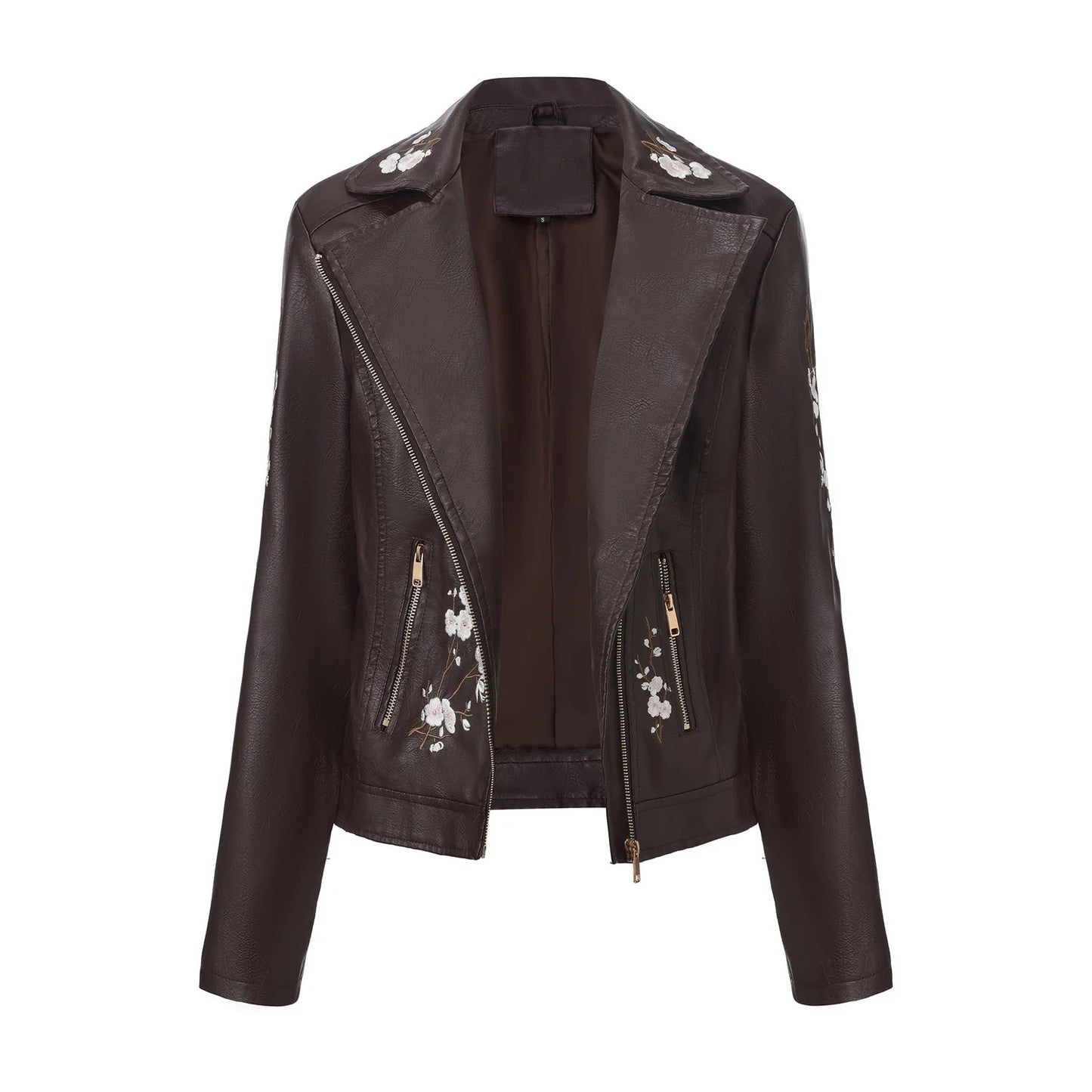 2026 New Women's Black Embroidered PU Jacket, Street-Style Brown Faux Leather Coat, Fashionable Beige Long Sleeves Top.
