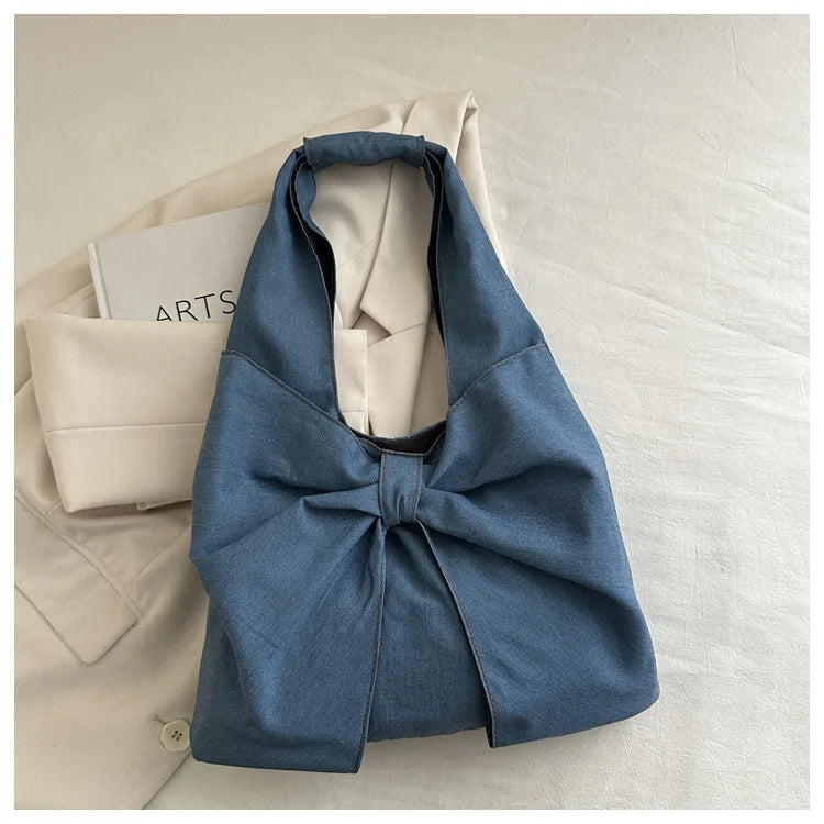 Sweet Bowknot Design Women's Denim Shoulder Bags Commuter Thread Ladies Handbags Casual Lightweight Female Underarm Tote Bag