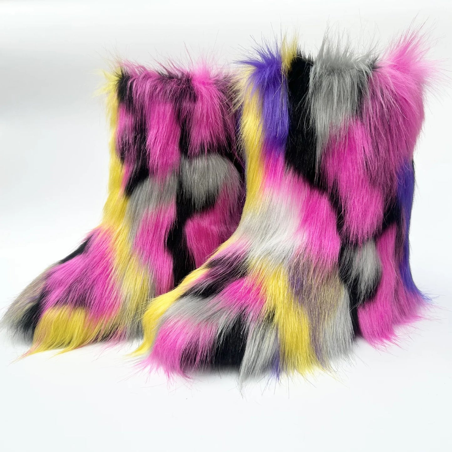 Cute High Quality Faux Raccoon Fox Fur Shibuya Gal Thickened Plus Size Mid-Calf Faux Fur Warm Winter Snow Boots for Women