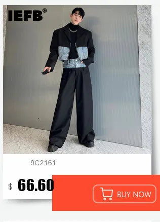 IEFB Niche Design Men's Two-piece Collarless Embroidery Blazer Loose Straight Suit Pants Contrast Color Male Sets New 9C7485