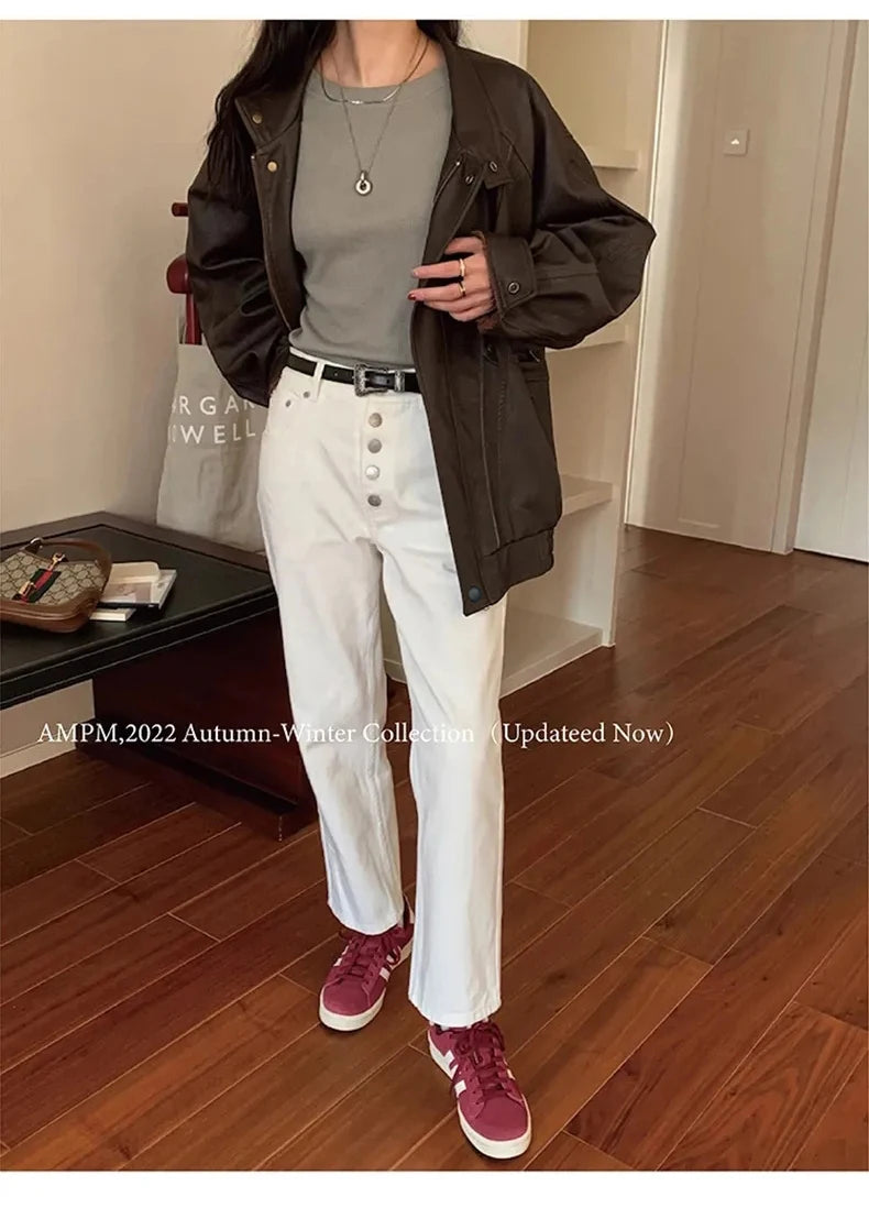 Lautaro Autumn Cool Brown Oversized Leather Jacket Women Drop Shoulder Long Sleeve Zippper High Quality American Retro Clothing
