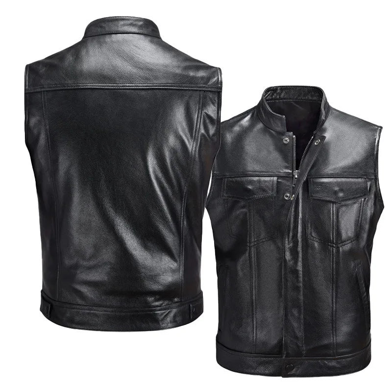 Purchase high-quality This year's trend men's leather vest stand up collar single breasted sleeveless outdoor vest punk jacket