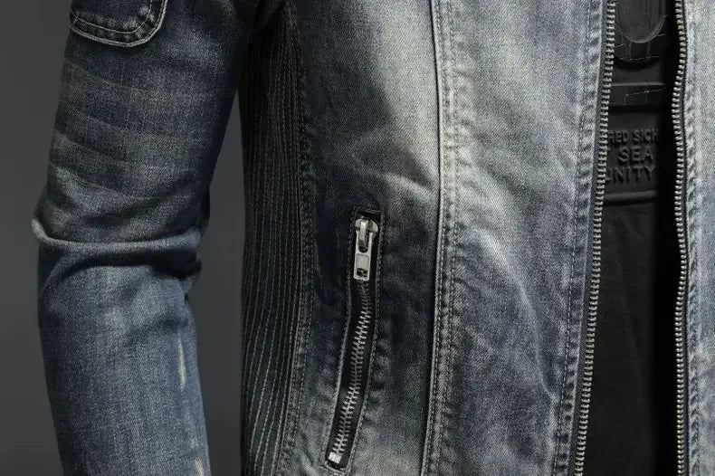 Men's Retro Denim Jacket Casual Oversized Stand Up Collar Zippered Jacket Cycling Motorcycle Coat Trend Loose Fit Top