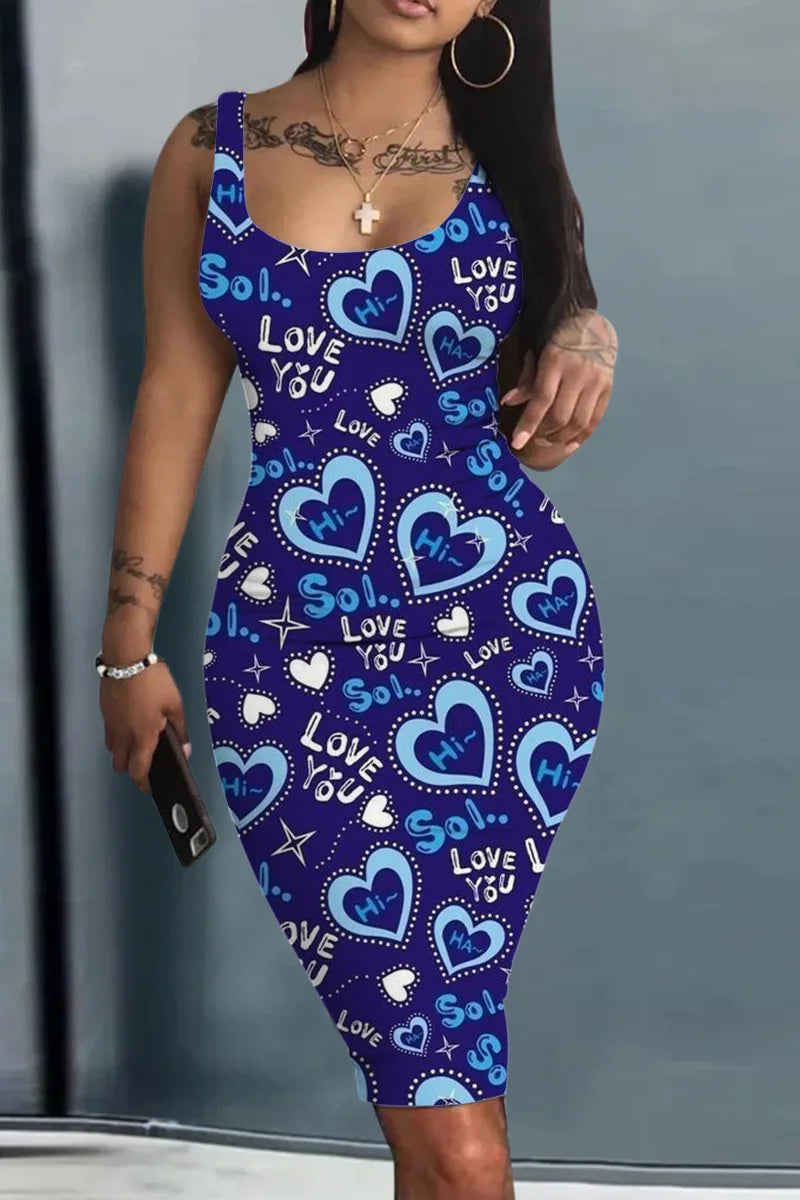 Платье Женское Plus Size Summer Women's Dress Large Size Contrast Heart Print U-Neck Sleeveless Casual Bodycon Mini Dresses