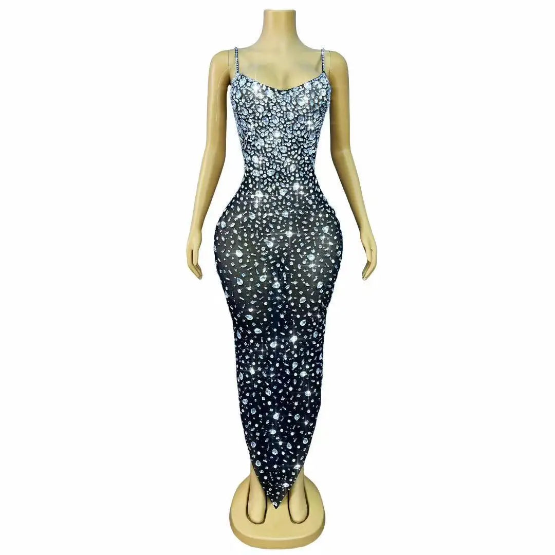 Women Birthday Evening Cocktail party Gown Red Carpet Club Stage Outfit Luxury Rhinestones Sexy Mesh See Through Bodycon Dress