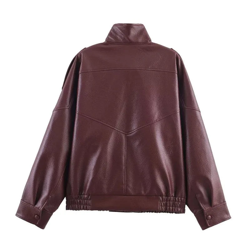 Women's 2026 Autumn New Classic Commuter Style Black Long Sleeve Pebble Faux Leather Motorcycle Fashion Jacket