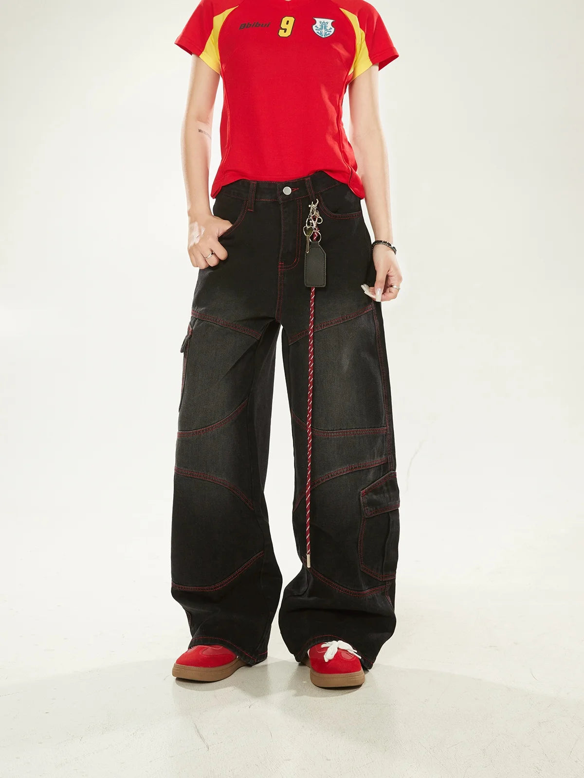 Washed Vintage American High Street Loose Women's Jeans with Patchwork And Stitching Design Casual Wide Leg Workwear Trousers