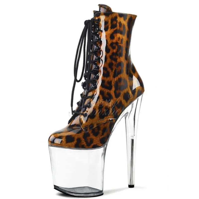 Exotic 20 cm Leopard Print Gothic Stripper Heels Size 34-46 8Inch Platform Ankle Boots Strip Pole Dance Catwalk Round Toe Women