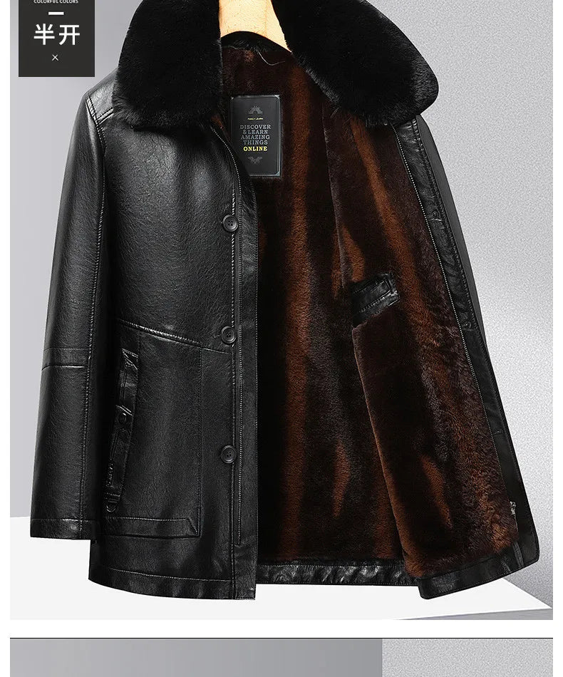 Leather Jacket Men Winter Jacket Men Medium Length Plush Thickened Leather Coat for Men Fur Collar Windbreaker for The Elderly