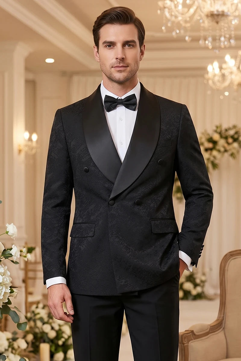 Black Luxury 2-Piece Set Men Suit Party Shawl Collar Double Breasted Business Casual Suit Groom's Wedding Dress Jacquard Pattern