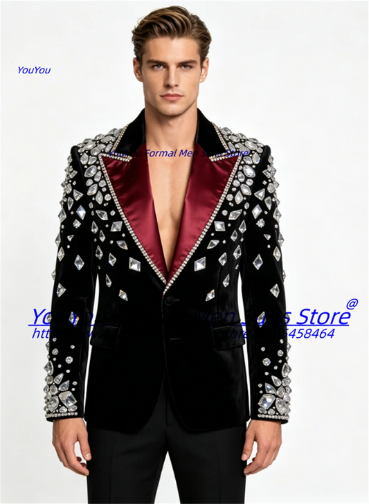 Luxurious Black Velvet Men Suits Customized Slim Fit Peak Lapel Groom Wedding Tuxedos Shiny Diamond Crystal2Pcs Sets Ropa Hombre