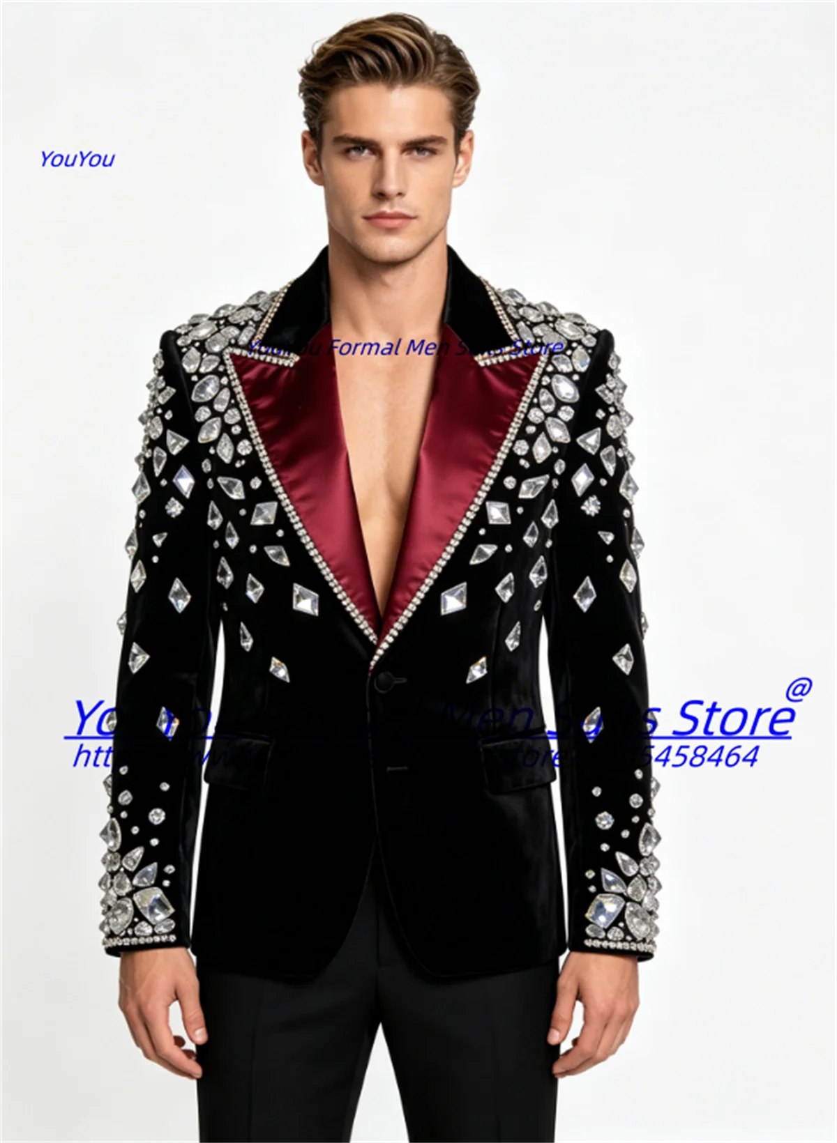 Luxurious Black Velvet Men Suits Customized Slim Fit Peak Lapel Groom Wedding Tuxedos Shiny Diamond Crystal2Pcs Sets Ropa Hombre
