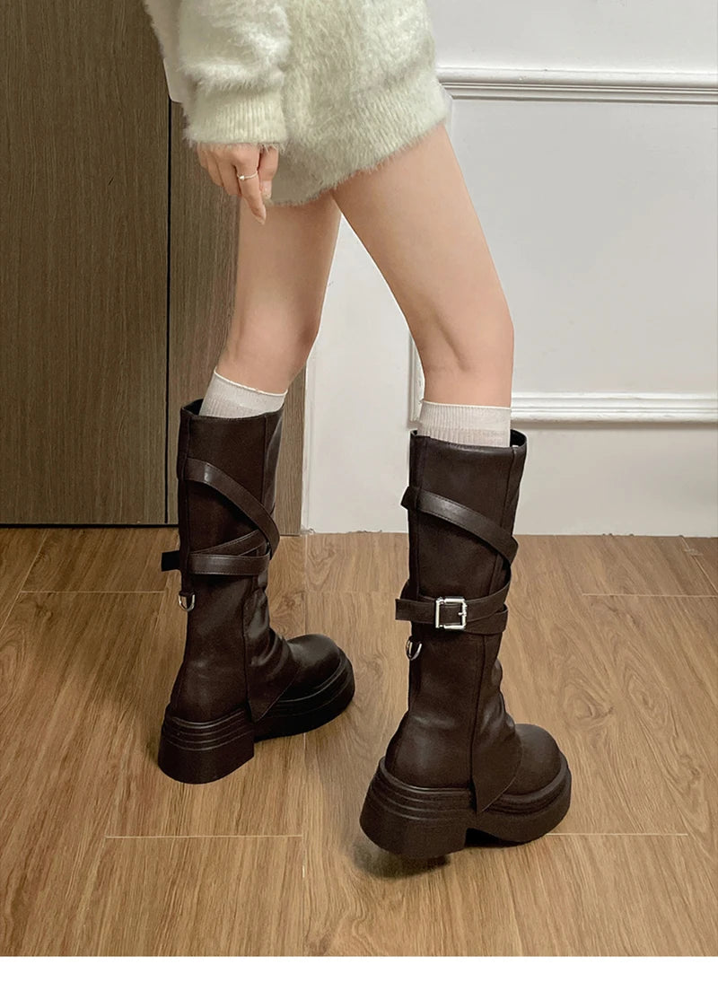 Vintage Thick Heel Women Knight Long Boots Fashion Slip On Knee High Booties Autumn Winter Shoes Zapatos De Mujer