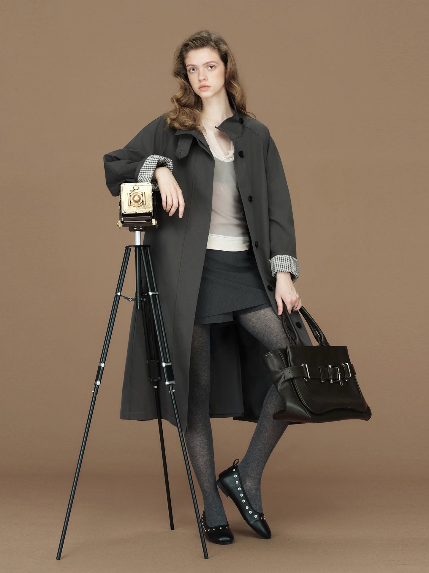FSLE 2026 Womens British Trench Coat Contrast Cuff Stand Collar Heritage Workwear Style Pink Black Khaki Short Long Trench Coat