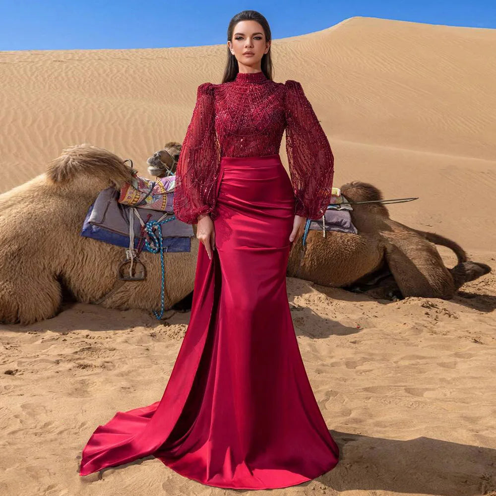 Elegant Muslim Wedding Evening Dress for Women with Detachable Skirt 2026 Pearls Mermaid Formal Prom Party Gowns Customized