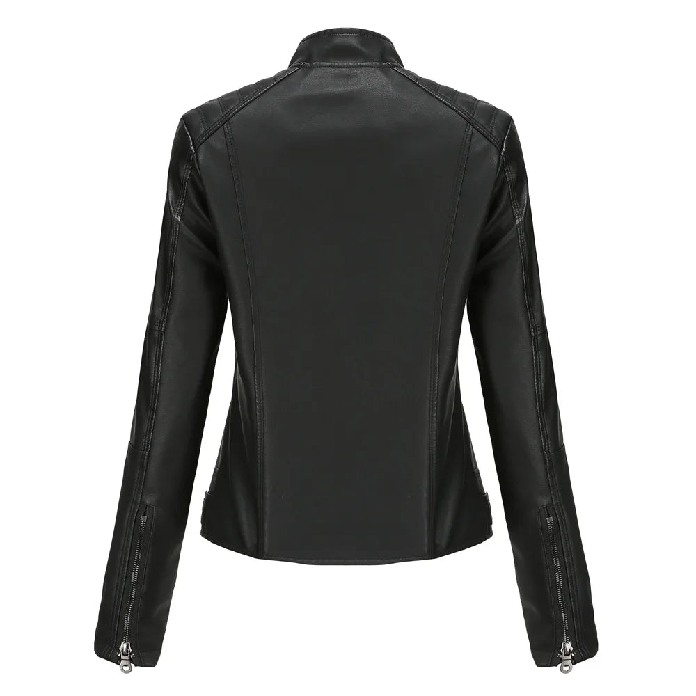 Women's Leather Jacket Women's Slim-Fit Jacket Thin Autumn Jacket Women's Biker Jacket Large Size Standing Collar Leather Jacket