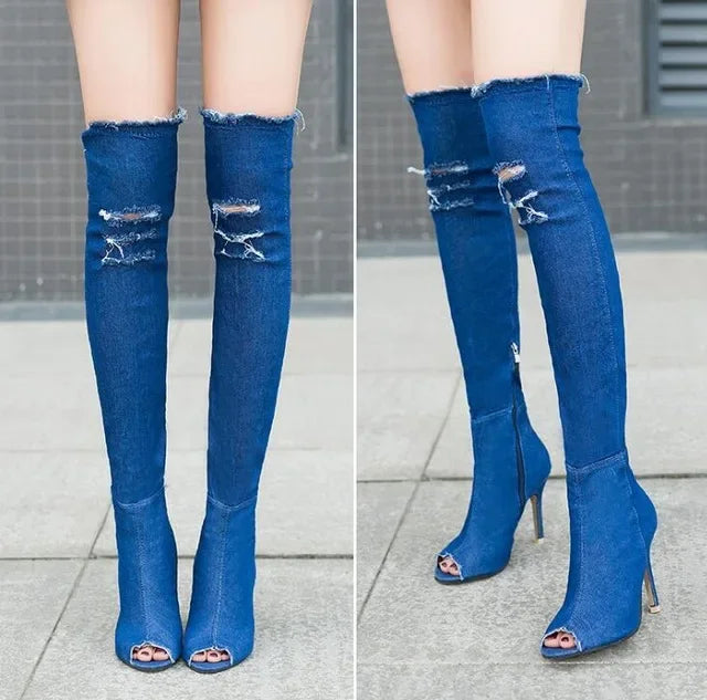 Summer Autumn Thigh High Boots Women Fashion Peep Toe Over The Knee Boots Blue Denim Jeans Zipper Long Boots Shoes Ladies