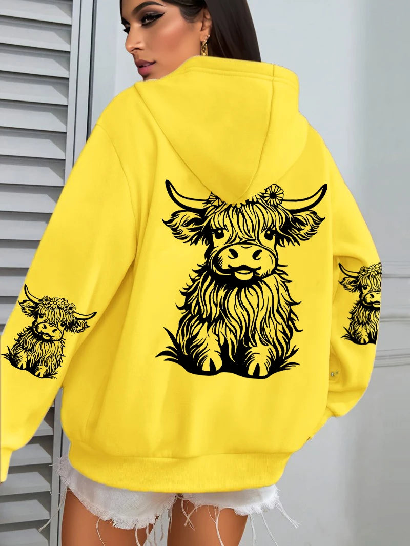Cute Hair Cow Cartoon Printing Hoodies Womens Fleece Autumn Streetwear Comfortable Casual Hoodie Y2K Pocket All-Match Hoody