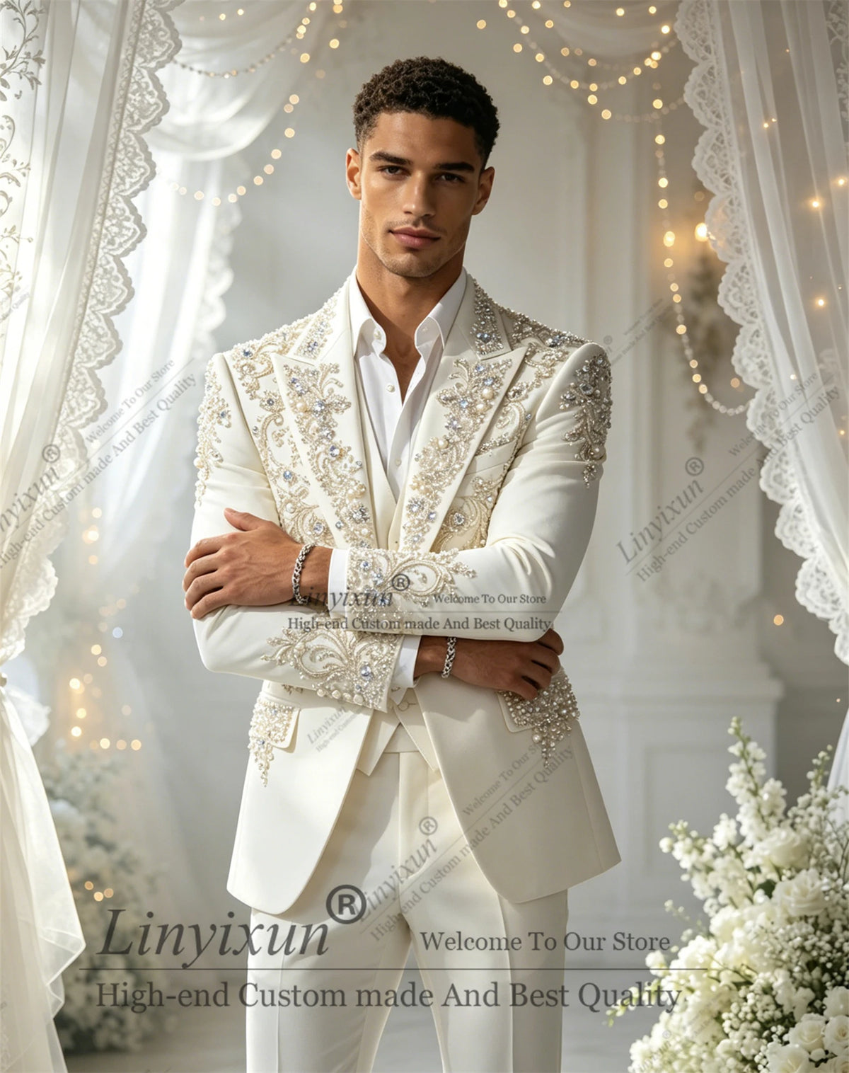 Elegant Diamond  Men Suits Set 3 Pcs Blazer Pants Trousers Luxury Wedding Tuxedo Formal Business Groom Coat Customized