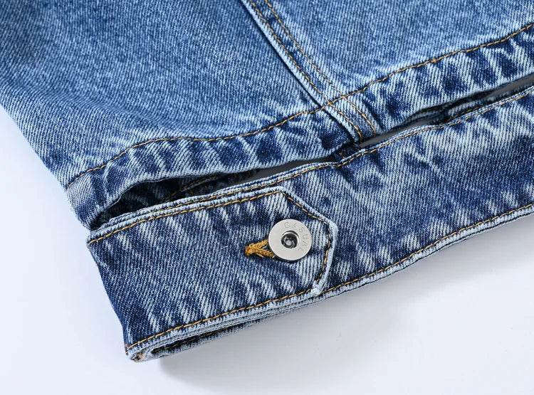 2026 Women's Blue Shorts Denim Jacket, Fashion Casual Coat Black Lapel Single-breasted Long-sleeved Female Overcoat S-XXXL