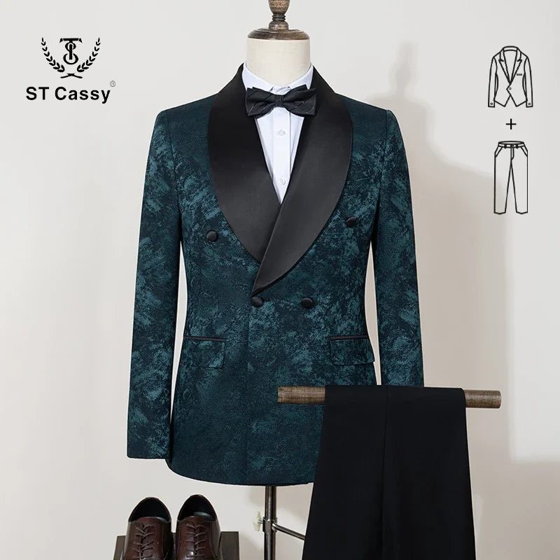 Black Luxury 2-Piece Set Men Suit Party Shawl Collar Double Breasted Business Casual Suit Groom's Wedding Dress Jacquard Pattern