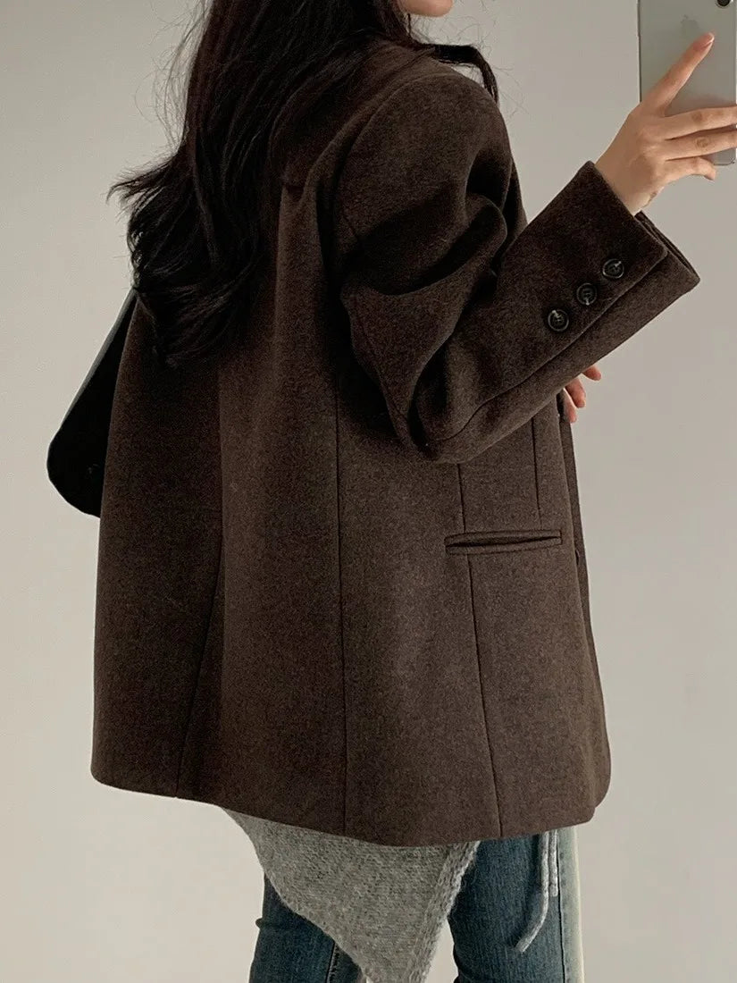 Chic Autumn Winter Thiened Long Sve Pure Color Woolen Suit Jaet Women Casual Versatile Loose Fit Commute Sle Coat
