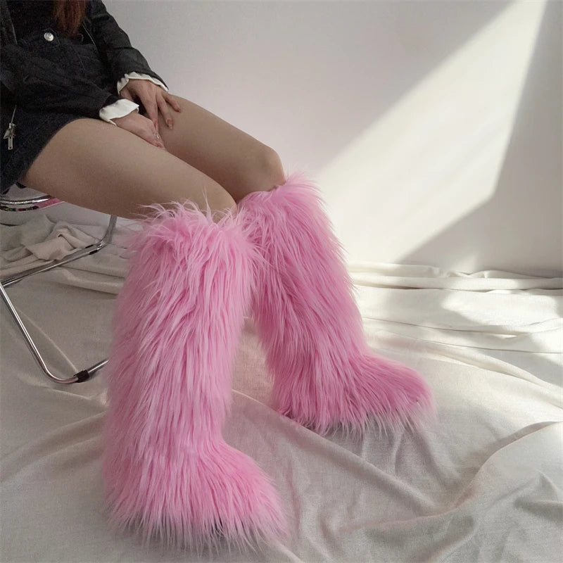 Hot Sale Ins Fashion Long Women Furry Boots Winter Knee Length Keep Warm Ladies Snow Boots