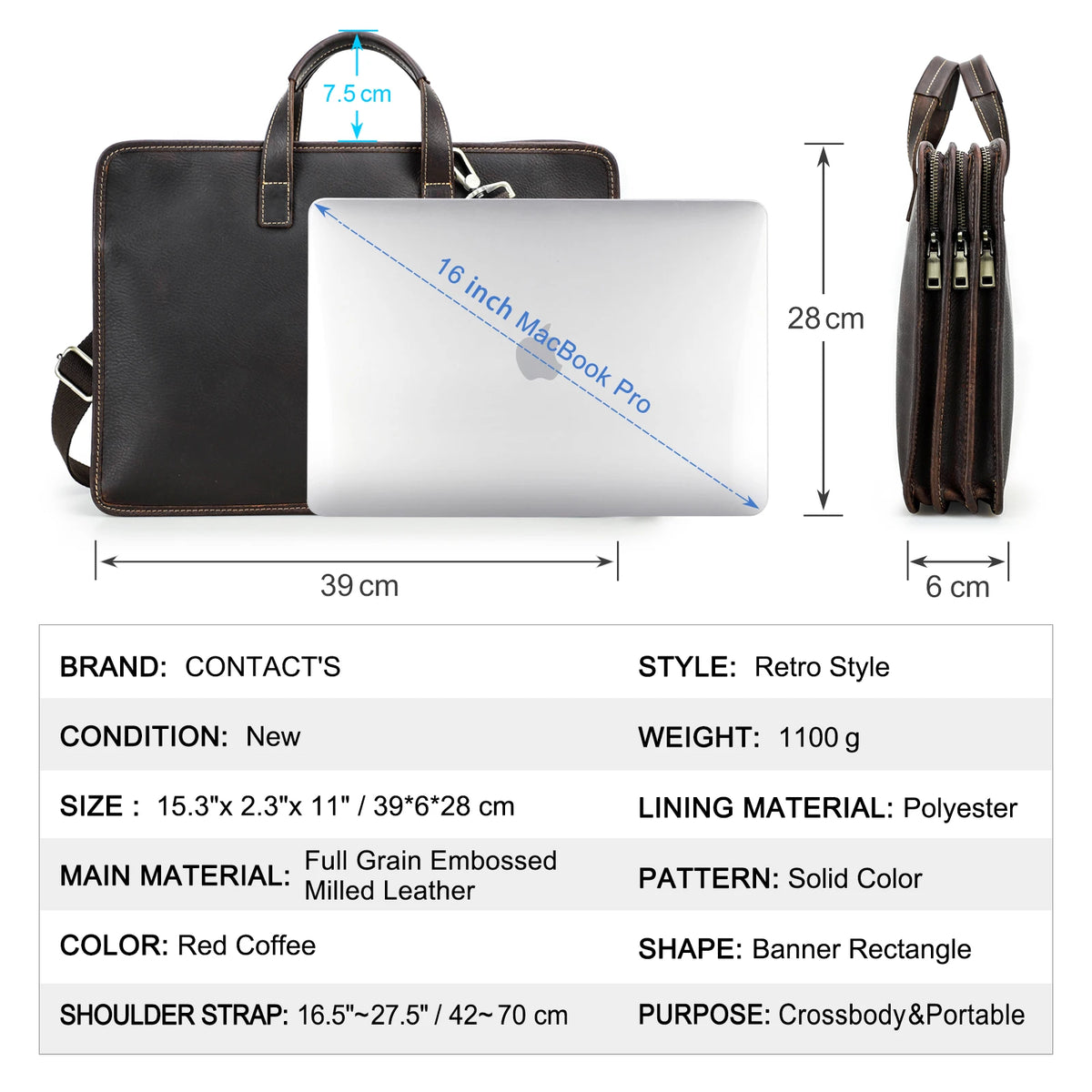 CONTACT'S Genuine Leather Sling Briefcase for Men Business Bags Male Shoulder Bag Men's Bag Tote Laptop Bags for 16" Macbook Pro