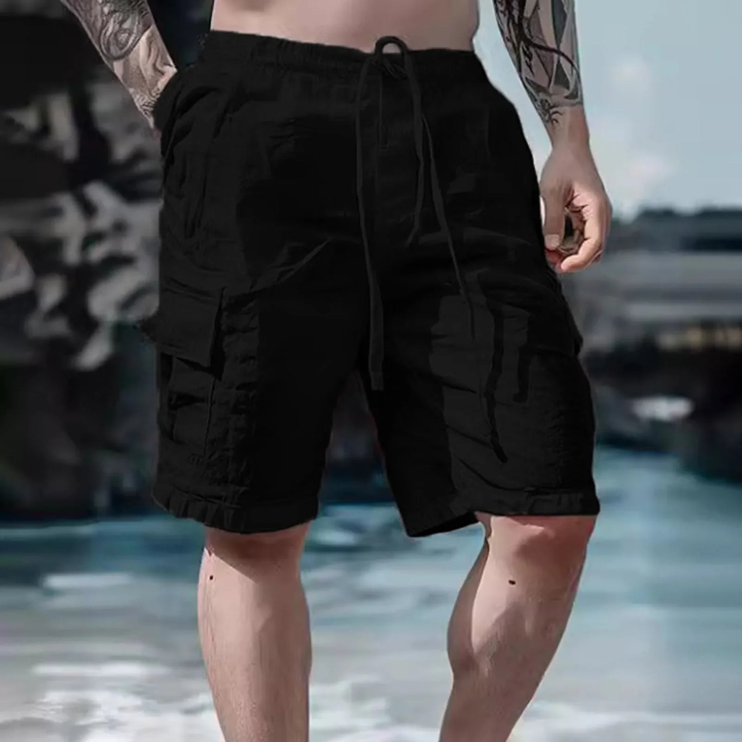 2026 Men's Summer Fashion Loose White Cargo Shorts Handsome Streetwear Beachwear Solid Color With Pockets Shorts Workout Pants