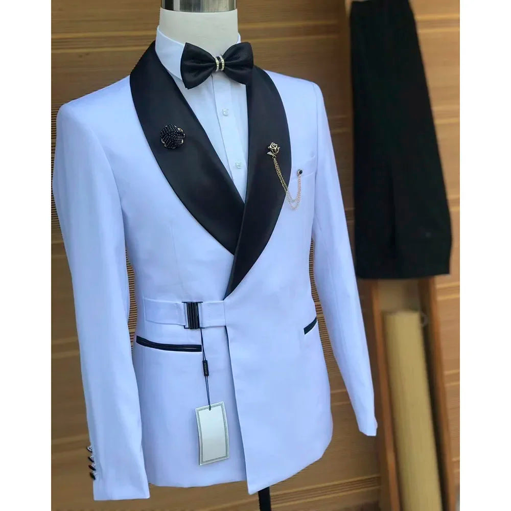 2 Pieces Wedding Tuxedo for Groom with Buckle Slim Fit Men's Suits White Jacket with Black Pants Sets Formal Male Fashion Suit