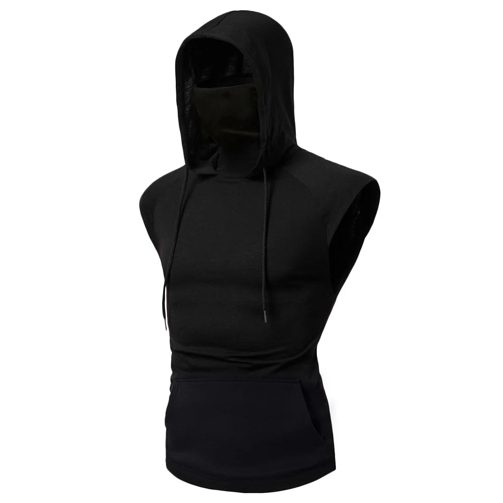 Mens Gym Hoodie Sleeveless with Mask Sweatshirt Hoodies Casual Splice Large Open-Forked Male Clothing Mask Button Sports Hooded