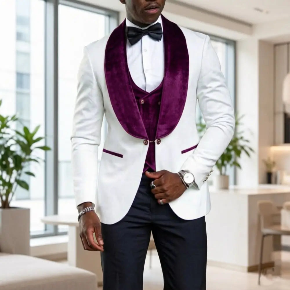 White Formal Suits for Men Slim Fit 3 Pieces Custom Made Wedding Tuxedo Mix Match Velvet Shawl Lapel Prom Movie Premiere Wear