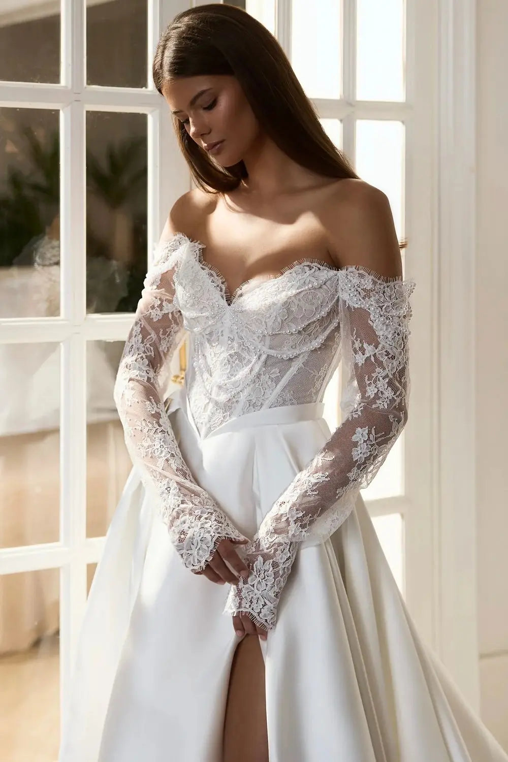 Elegant Satin Wedding Dresses Off Shoulder Long Sleeve A Line Bride Dress Long Train Beaded Lace Church Bridal Gown Customized