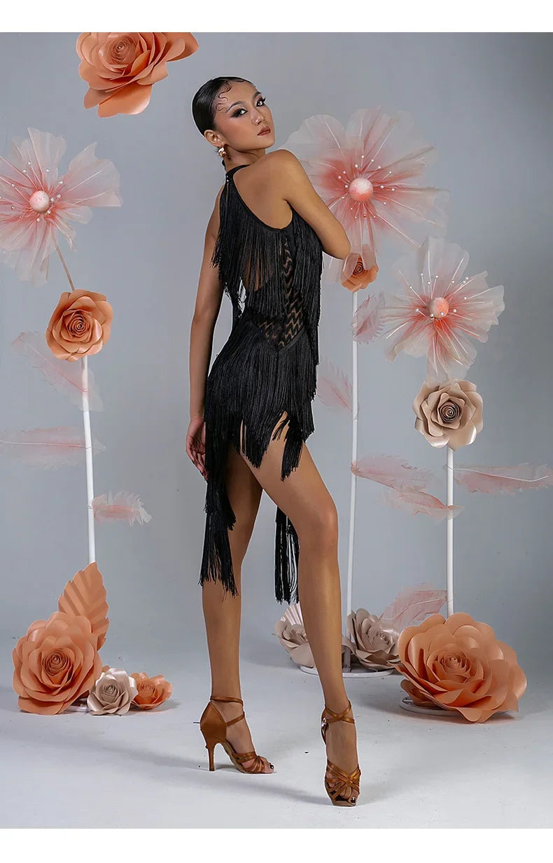 Women Backless Fringe Sexy Black Dress Cha Cha Rumba Samba Tango Dance Costume Prom Wear Latin Dance Copetition Dress