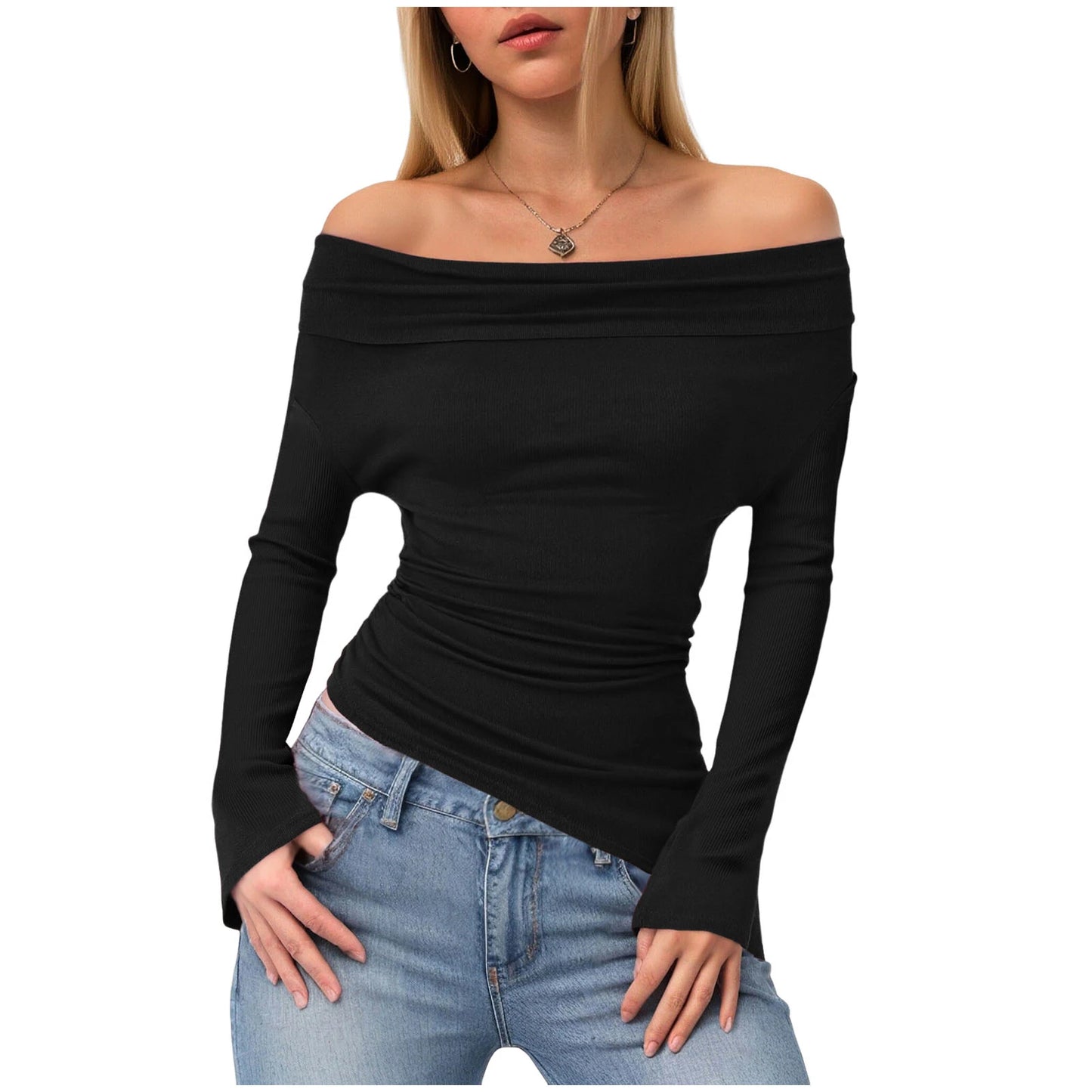 Y2k Aesthetic Simple Fashion Women's Tee Shirts Slash Neck Long Sleeve Solid Casual T-Shirts Vintage Off Shoulder Trendy Tshirts