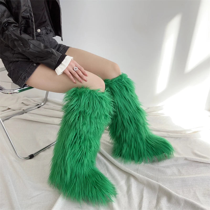 Hot Sale Ins Fashion Long Women Furry Boots Winter Knee Length Keep Warm Ladies Snow Boots