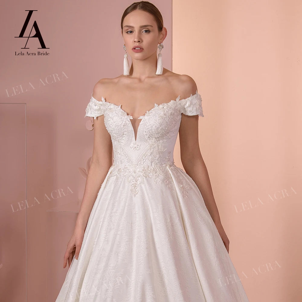LelaAcra Luxury Sleeveless Wedding Dress Off Shoulder Beaded Appliques A-Line Princess Bride Gown SY04 Custom Vestido de Noiva
