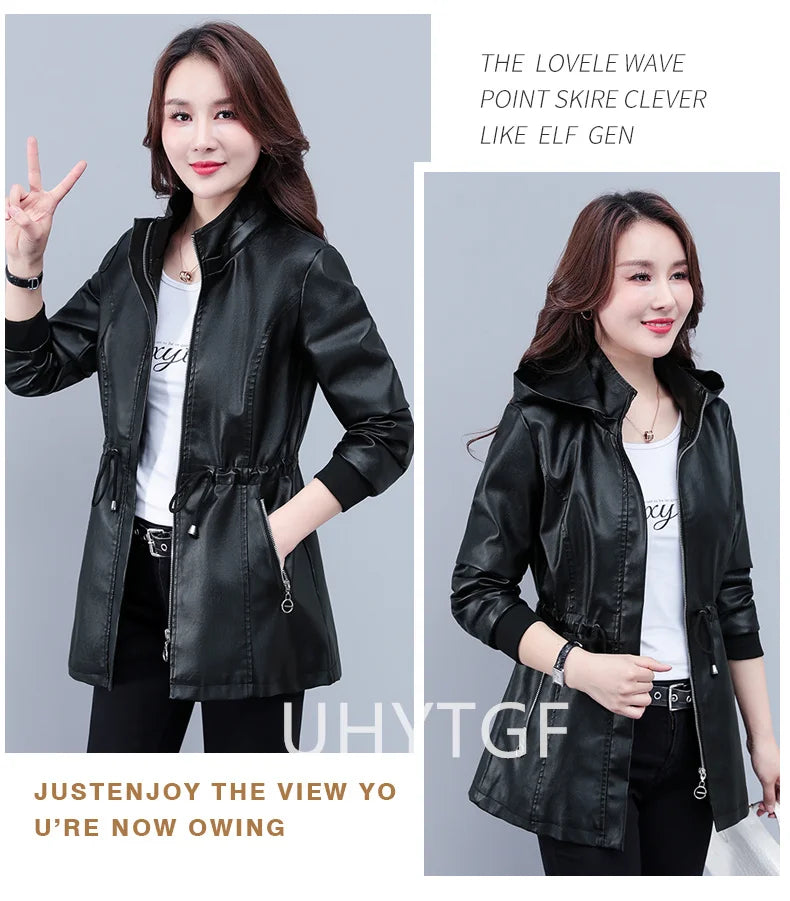 UHYTGF Fleece Winter Leather Female Quality Pu Leather Windbreaker Women Temperament Slim Warm 3XL Big Size Coat Deri Ceket 425