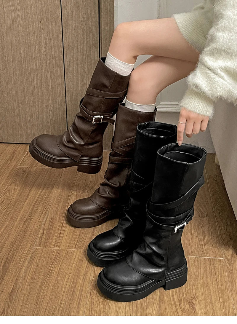 Vintage Thick Heel Women Knight Long Boots Fashion Slip On Knee High Booties Autumn Winter Shoes Zapatos De Mujer
