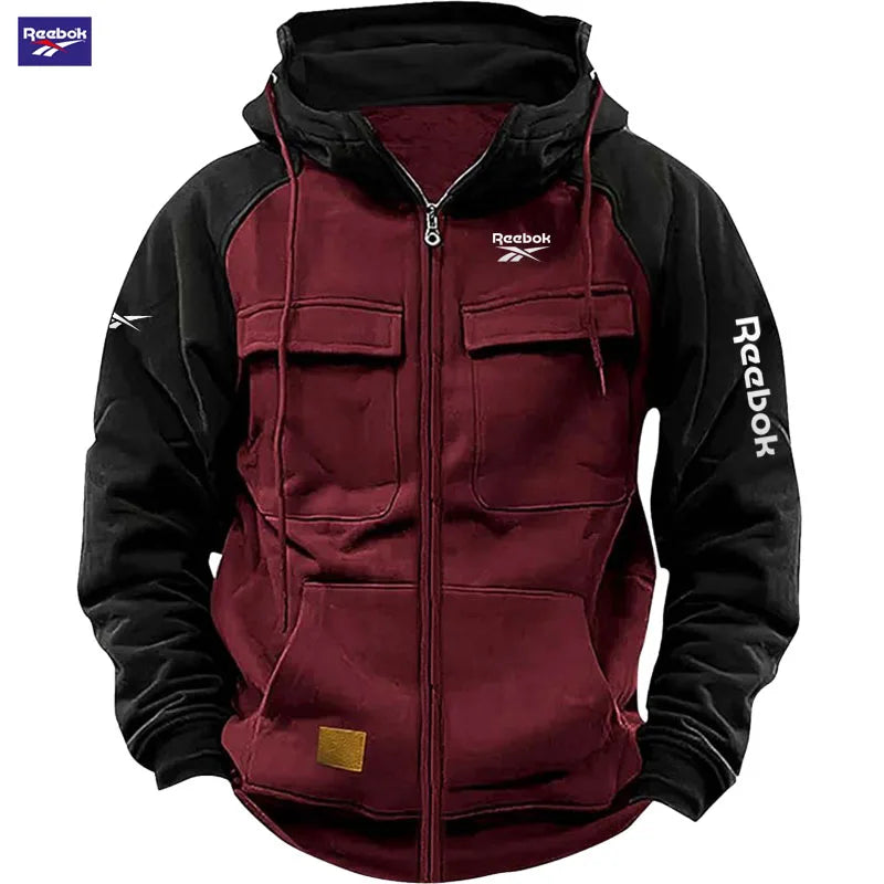 2026 Reebok New Autumn-Winter Men's Hooded Patchwork Casual Sweatshirt, Loose-Fit Fashionable Youth Multi-Pocket Padded Hoodie