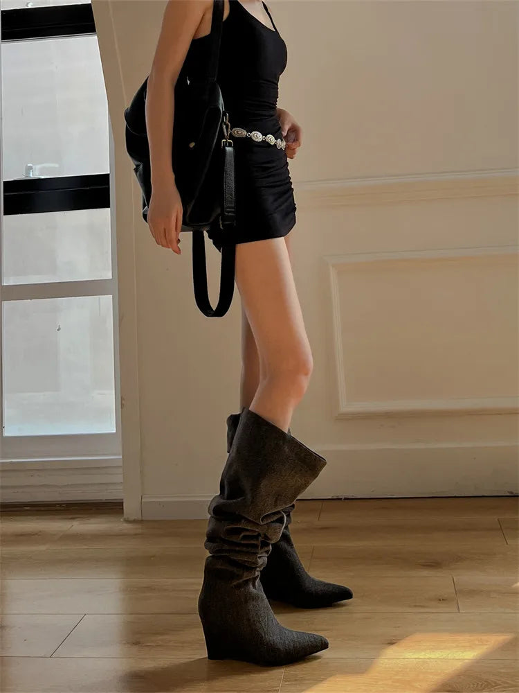ZAROY Hot Girl Knight Long Boots Winter Stretch Denim Knee-high Boots Cozy Slip On Point Toe Wedge High Heels Sexy Long Booties