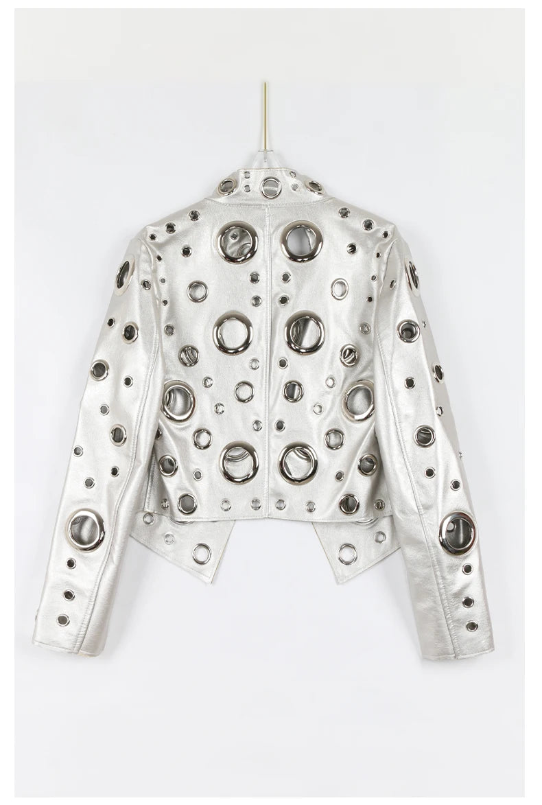 Nerazzurri Spring Autumn Short Hollow Out Pu Leather Jacket Women Rivet Cool Stylish Luxury Designer Clothes Runway Fashion 2024