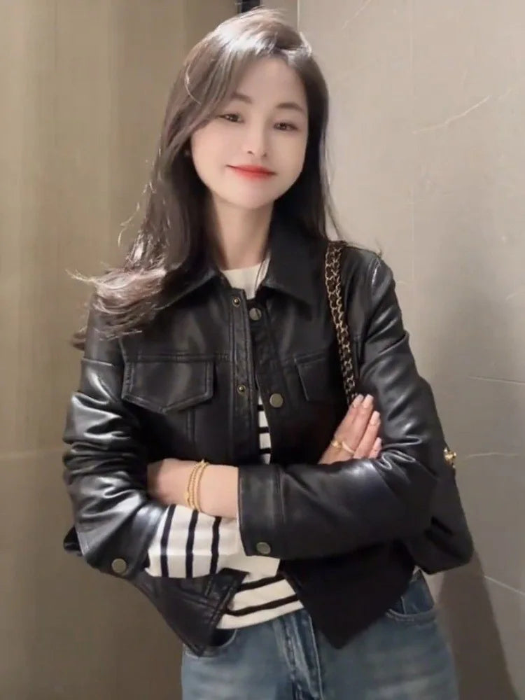 Women Autumn Winter Casual Faux Leather Biker Jacket Lapel Collar Loose Short Pu Coat Versatile Outerwear