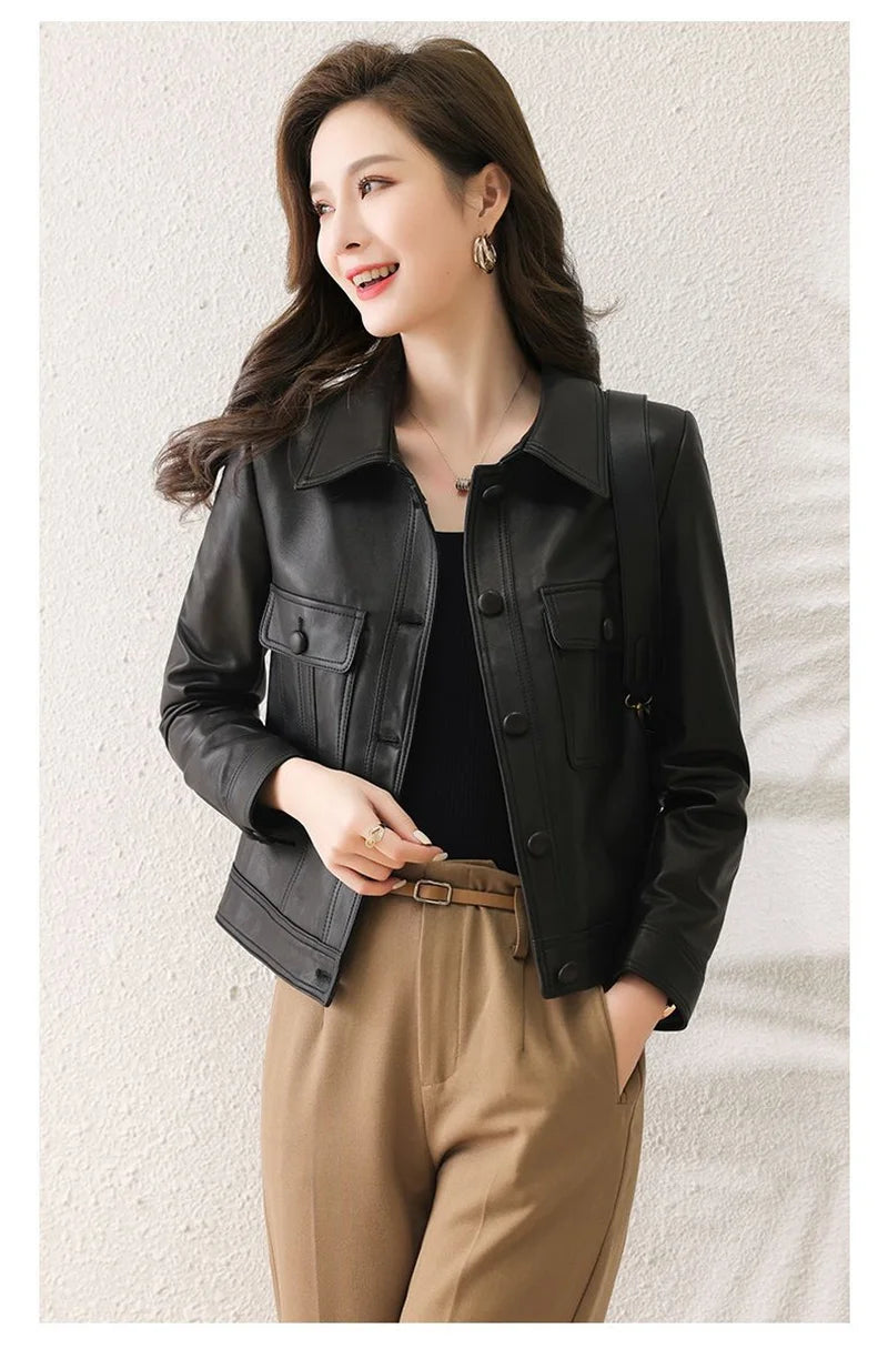 Lapel PU Leather Jacket Women 2026Spring Autumn New Coat Fashion Locomotive Goddess Overcoat High Quality Short Outerwear Female