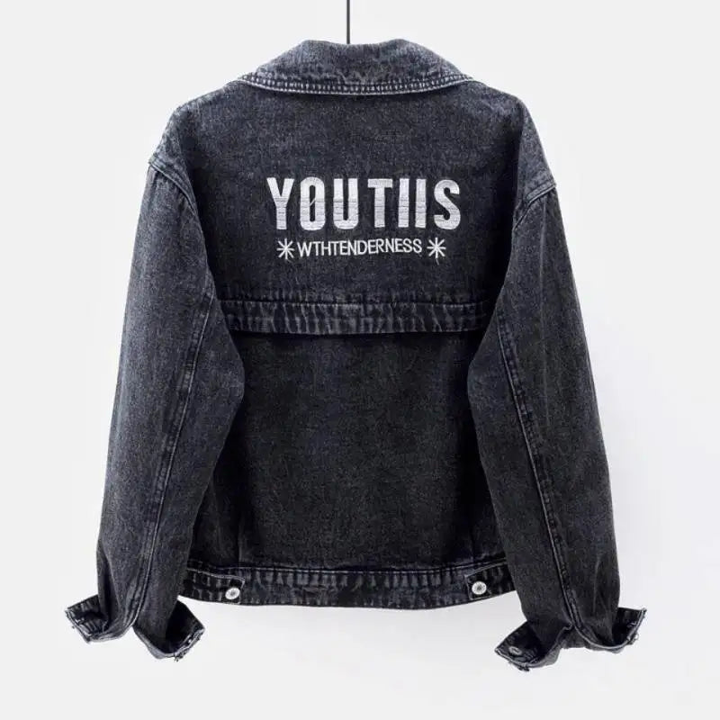 Denim Coats Women Short Coat Single Breasted Casual Embroidery Turn Down Collar Y2k Streetwear Jackets Work Slim Fit Spring