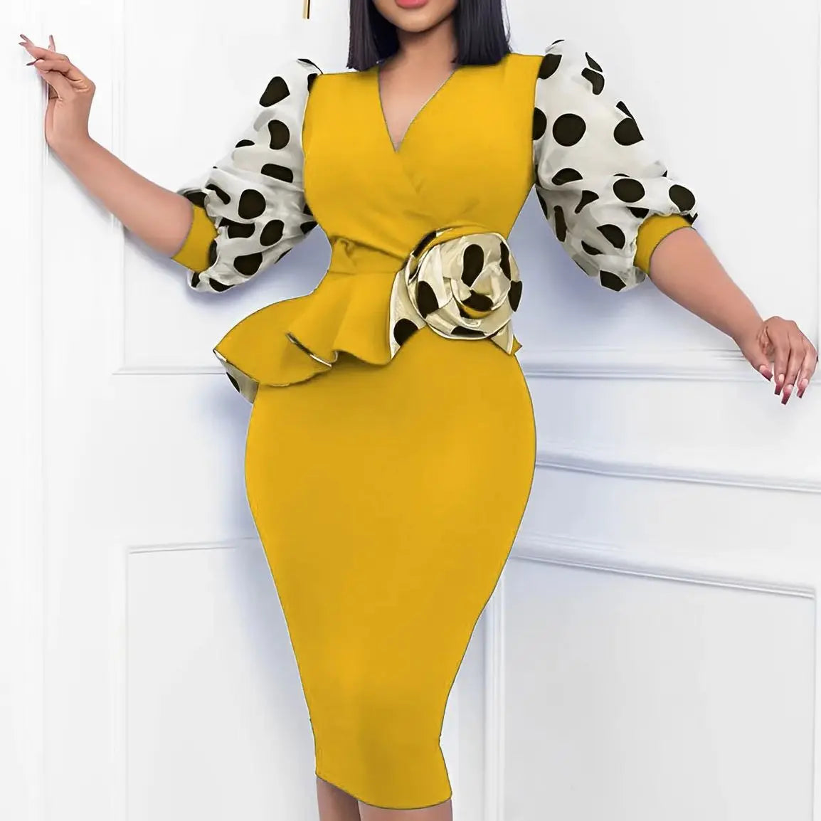Elegant Dot Mesh Stitching V-neck Puff Sleeve Floral Appliques Bodycon Dress Women Ruffles Waist OL Even Party Dresses Vestidos