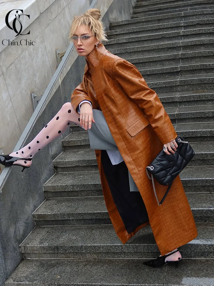 Crocodile Print Faux Leather Long Women 's Winter Coats Stand Collar Single‑Breasted PU Leather Maxi Coat Streetwear Fall Winter